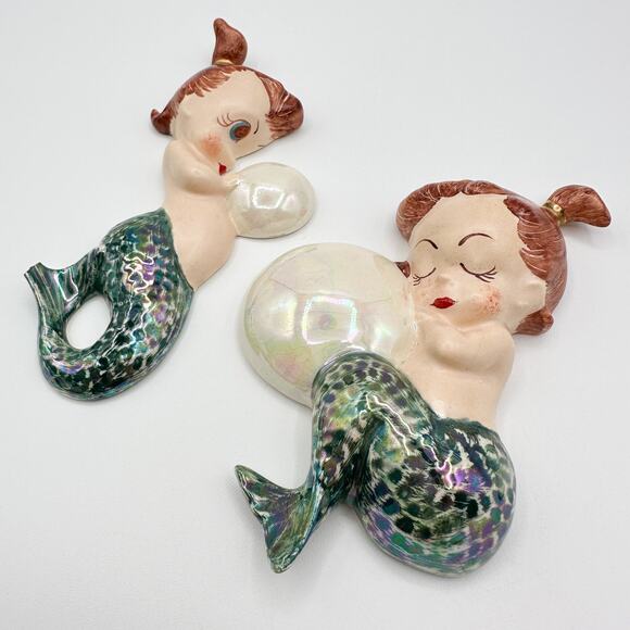 Set of Two Mermaid Wall Plaques Water Babies with Bubbles - Picture 3 of 12